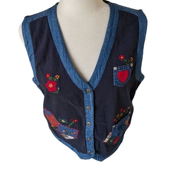 Vintage Victoria Jones Cotton Patch Button Vest Size M Blue Lined Plaid Hearts - Picture 2 of 9